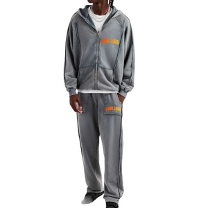 Conjunto de sudadera con capucha y joggers acampanados de dos piezas con cremallera y lavado ácido de alta calidad, chándal con logotipo bordado personalizado - Product Image 1