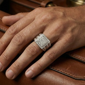 Solid 18k White Gold Heavy Chunky Square Top Halo Pave Pebbled Link Natural Diamond Mens Ring Custom Bespoke Jewelry Wholesale - Product Image 4