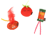 Set Mainan Kucing Bertema Makanan Tomat, Mainan Kucing Berbahan Plush dengan Bulu & Pita Berkerut, Mainan Kunyah Interaktif
