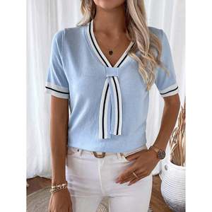 Suéter Casual de Manga Corta a Rayas para Mujer con Bordado - Product Image 6