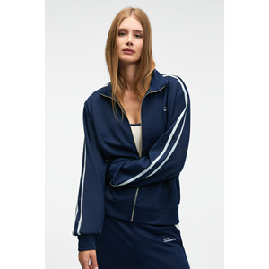 ZINNIE Women's Genuine Leather Crop Jacket-Navy Blue with Embroidery Side Stripe Metal <b>Zipper</b> & Stand Collar - Product Image 4