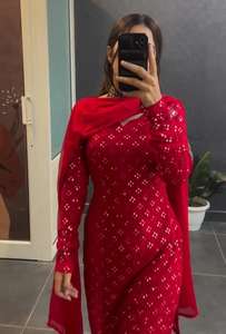 El último diseñador Festival y ropa de boda Pure Georgette Mirror Work Top con manga completa y pantalón con Dupatta Full Stitched - Product Image 3