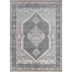 Alfombra de Lana Anudada a Mano en Gris Tomillo y Negro, con Medallón Abstracto, para el Hogar, Pasillo, Sala de Estar, Estilos Rectangulares, Personalizable para Cualquier Espacio - Product Image 1