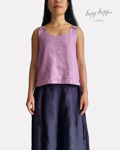 Top de lino 100% con correas dobles y nudos de botones top de lino de tamaño libre Top básico de lino Suelto - Product Image 5