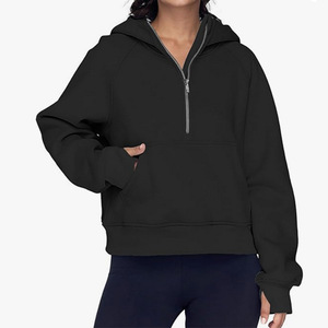 2023 femmes décontracté pull court polaire sweats respirant demi fermeture éclair sweats à capuche avec trou pour le pouce pour les tenues d'automne - Product Image 6