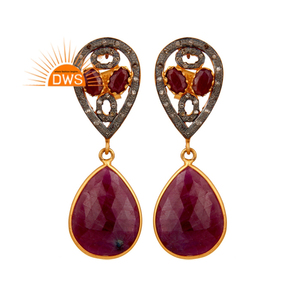 Pendientes colgantes de piedras preciosas de rubí y diamantes naturales chapados en oro de 18 quilates de plata de ley más vendidos, fabricante de joyería personalizada - Product Image 1