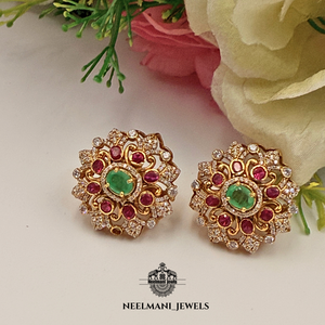 Vintage Trendy Pink Zircon Stone <b>Earrings</b> Green Studs Stainless Steel Brass Jewelry Bezel Setting Flower Pattern for Wedding - Product Image 4