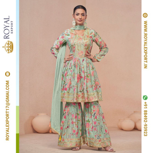 Nouveau concepteur véritable Chinon impression numérique Salwar Kameez avec travail de broderie et même travail sur le fond et Dupatta - Product Image 5