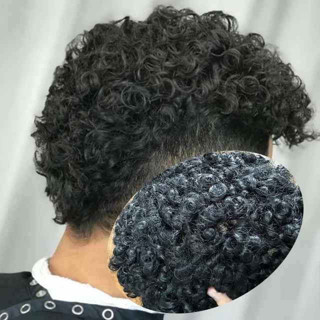 Grosir wig pengganti ikat tangan sistem rambut manusia Indian dasar renda Swiss penuh ikal Afro Afrika wig untuk pria hitam