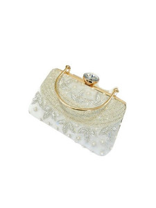 Direct India Elegant Vintage Lady Satin Bridal Purse Hand Embroidered Golden <b>White</b> Beads Best Quality Women's Fashion <b>Clutches</b> - Product Image 3