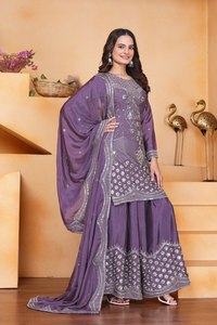 Traje bordado de diseñador Chinon Sharara con trabajo bordado de secuencia - Product Image 3