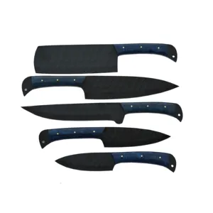 Custom Handmade Black Powder Coated Steel Chef Sets With Beautiful Blue Resin Handle With Leather Bags