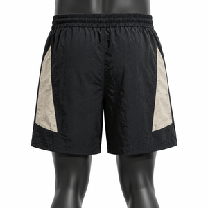 Pantalones cortos de nailon negros para hombre, cintura elástica con cordón, pantalones cortos deportivos informales de verano con bolsillos con cremallera, pantalones cortos de gimnasio con paneles laterales en contraste - Product Image 2