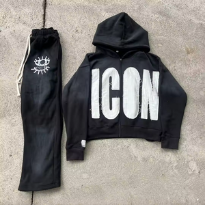 Sweat à capuche évasé vintage pour hommes survêtement délavé à l'acide avec fermeture éclair brodé ensemble de jogging hiver polyester coton vêtements pour hommes - Product Image 3