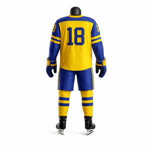 Tenue de hockey sur glace personnalisée jaune et bleue, ensemble maillot et short sublimés, vêtements d'équipe pour adultes, fabricant OEM ODM - Product Image 2