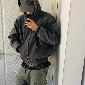 Custom Embroidered High Quality Washed Canvas Men's Bomber <b>Jacket</b> Customized Oversize Hooded Fashion Blank <b>Worker</b> Canvas <b>Jackets</b> - Product Image 4