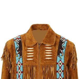 Veste en cuir occidental marron pour homme | Daim de vache original | Conception de perles à franges | Fermeture à glissière Vêtements d'extérieur traditionnels - Product Image 4