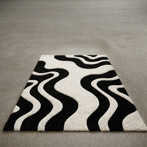 Alfombra Moderna de Lana con Diseño Abstracto de Olas, Tejida a Mano en Negro y Marfil, para Salas de Estar y Hoteles - Product Image 3