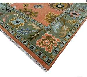 Alfombra turca Oushak hecha a mano verde rosa 8x10, alfombra anudada alta con diseño persa de algodón para sala de estar, tamaño 6x9 9x12 10x14 - Product Image 6