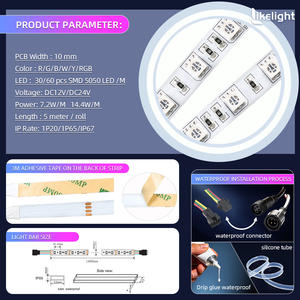 Оптовая продажа OEM/ODM светодиодных лент 10 мм PCB, 30/60 светодиодов SMD5050, DC12V/24V, IP20/IP65/IP67, красный, желтый, синий, зеленый, белый, RGB - Product Image 2