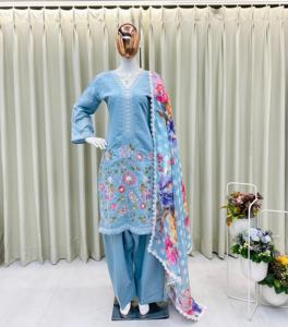 Beau costume de créateur Farsi Salwar ensemble de trois pièces pour femmes broderie à la mode travail élégant vêtements ethniques indiens - Product Image 4