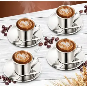 Stainless steel double-wall cup and saucer 4 pcs set CLASSIC Design Double wall tea cup set with handgrip Handle