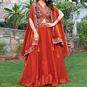 Lehenga Choli de Diseño de Lujo Unity, Color Naranja Óxido, Bordado, con Capa y Dupatta, Tela de Mezcla de Seda Premium - Product Image 1