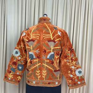 Boho Chic Retro Chic Women's Free Size <b>Jacket</b> Hand Embroidered Brown Floral Velvet Suzani Open Front Winter Coat Robe Features - Product Image 2