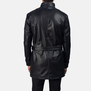 Veste d'hiver authentique pour homme avec fermeture éclair, poches avant, ceinture à la taille, en cuir noir, coupe-vent et respirante - Product Image 4