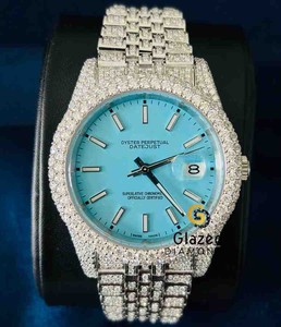 Reloj de Diamantes Moissanite con Corte Brillante Redondo, Estilo Hip Hop, Esfera Azul Cielo, Claridad VVS, Mejorado para Hombre - Product Image 1