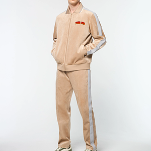 Chándales de hombre de terciopelo con estampado de logotipo personalizado, conjunto de 2 piezas de pantalones y chaqueta con cremallera Beige de lujo, ropa de calle informal de tacto de ante suave - Product Image 6