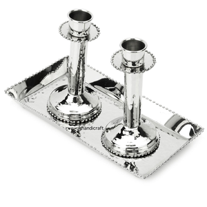 Plateau de conception perlé de feuille martelée de luxe de qualité supérieure accessoire décoratif pour la maison support à deux chandeliers finition nickel pour noël - Product Image 5