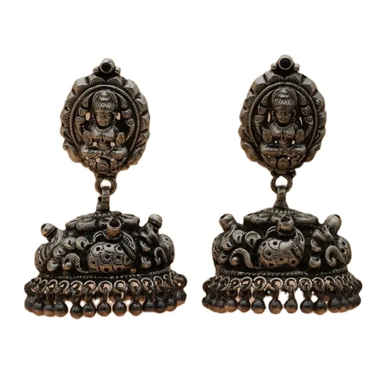 New Design Traditional South Indian Goddess of Wealth Lakshmi Jhumka Earrings Antique 925 Sterling Silver Earrings