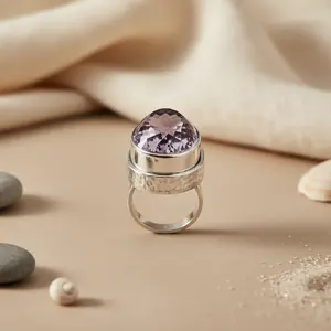 Bague ajustable en argent sterling plaqué or rose et or avec améthyste, tendance, pour femme - Product Image 1