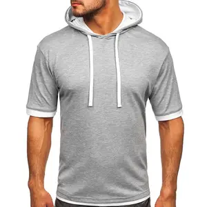 Grey White Men's Fashion Athletic Hoodies Pullover Muscle Fit Workout Gym Sweatshirt Cotton Short Sleeve Hooded T-Shirts Hoodie