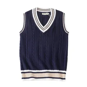 <b>Mens</b> Casual Knit <b>Sweater</b> Vest <b>V</b> <b>Neck</b> Korean Trend Solid Stripe Graduation School Uniform Cotton Custom - Product Image 1