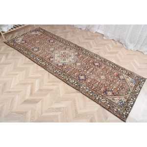 Vintage Runner Rug, 3.6x10.6 ft Turkish Rug, <b>Brown</b> Striped <b>Wool</b> Rug - Product Image 3