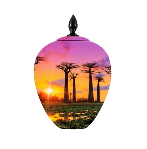 Urna de aluminio para adultos, diseño antiguo, Color personalizado, árbol de troncos de bosque, tema impreso, urna funeraria para adultos para cremación - Product Image 1
