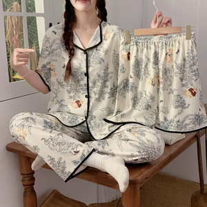 Sfy-yY1382 nuovo Design morbido <span class=keywords><strong>pigiama</strong></span> da donna 3 pezzi Pantaloni della camicia Pantaloncini comodi fiori stampa Nighty <span class=keywords><strong>cotone</strong></span> <span class=keywords><strong>pigiama</strong></span> - Product Image 3