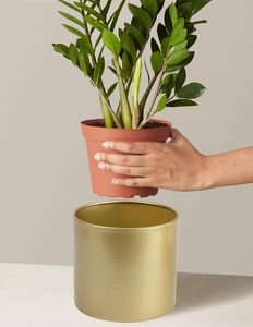 Lot de 2 pots de fleurs et jardinières ronds d'intérieur en métal doré pour l'entretien des plantes de jardin - Product Image 3