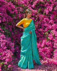 Ropa de fiesta exclusiva de diseñador indio, seda suave pesada Digital con estampado Floral, hermoso Color verde, borde de Saree - Product Image 6