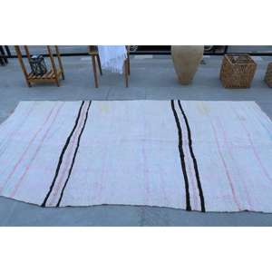 Tapis turc en laine marocaine vintage écologique 4,1x8,6 pieds, motif patchwork, dos en latex, blanc - Product Image 4