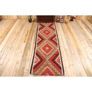 Kilim Turkish Rug, 3x9,5 ft Vintage Rug, <b>Red</b> Southwestern <b>Wool</b> Rug - Product Image 1
