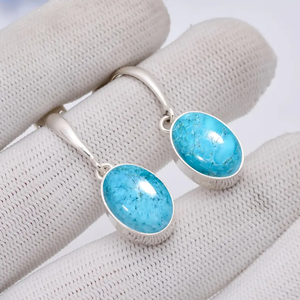 Boucles d'oreilles en argent sterling 925 Turquoise Gemstone Drop Dangle Cadeau d'anniversaire fait à la main pour son symbole chrétien Prix d'usine - Product Image 2