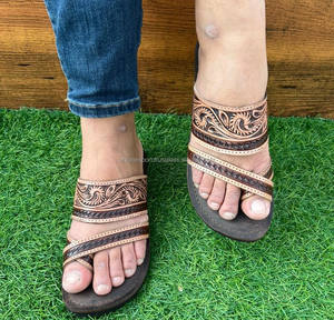 Sandalias de Punta abierta marrón para mujer, chanclas informales de cuero con estilo occidental, auténticas, hechas a mano, calzado de flores planas - Product Image 2