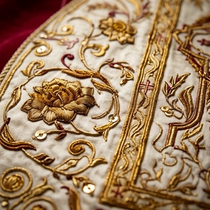 Casulla Romana Tradicional con Bordado a Mano en Hilo Dorado, Vestimenta Sacerdotal Católica, Túnica de Misa para Clérigos, Conjunto de 5 Piezas - Product Image 3