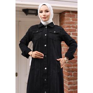 Abrigo vaquero negro modesto con detalles de botones para mujer Mega Merchant 6122, estilo trench para uso diario - Product Image 2
