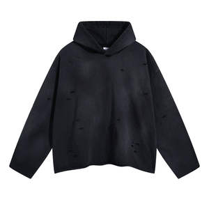 Sudadera con Capucha para Hombre, 100% Algodón, Gruesa, Desgastada, con Agujeros, Estilo Vintage, Lavado Ácido, Color Sólido, Sin Cordones, Decolorada por el Sol - Product Image 3