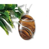 Collier pendentif en argent sterling 925 avec pierre ovale en œil de tigre jaune naturel, bijoux fantaisie en argent
