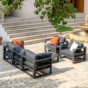 Ensemble <span class=keywords><strong>de</strong></span> salon <span class=keywords><strong>de</strong></span> jardin en aluminium 6 pièces pour <span class=keywords><strong>extérieur</strong></span>, canapé modulable pour hôtel et patio avec table basse - Product Image 2